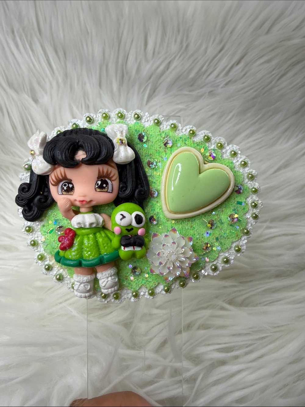 Hand Crafted Lime Green Cute Doll Heart Hair Clip